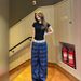 Unisex Blue Plaid Casual Pants Thin Wide Leg Straight Leg Summer Fitness Sports Style With Letter Belt_ecoleips.com
