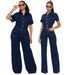 Loose Elastic Flared Washed Short Sleeved Denim Jumpsuit Jumpsuit Wide Leg Pants_ecoleips.com