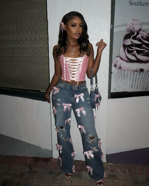 Women's Clothing Y2k Street Hot Girl Bow Washed Hole Jeans Trousers Jeans_ecoleips.com