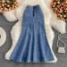 Women's Slim Fit Fishtail Denim Skirt – High Waist Bodycon Midi Skirt With Elastic Waist & Side Slit, Ruffled Hem For Casual & Night Out_ecoleips.com