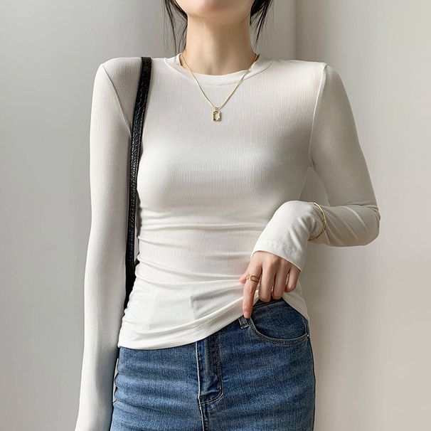 2025 High Elasticity Threaded Cotton With Tight Fitting Long Sleeved T-Shirt Top Autumn And Winter 2025, New Front Shoulder_ecoleips.com