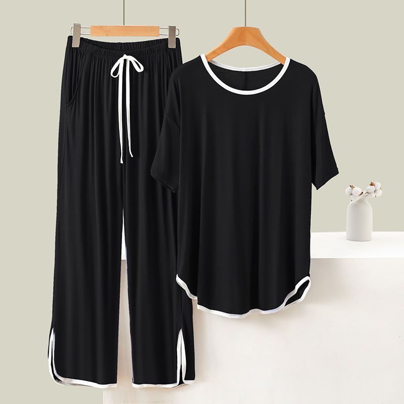 Women's Solid Color Pajamas Set Summer Thin Short Sleeve T-Shirt And Pants Sleepwear 2 Piece Set Casual Loose Soft Loungewear_ecoleips.com