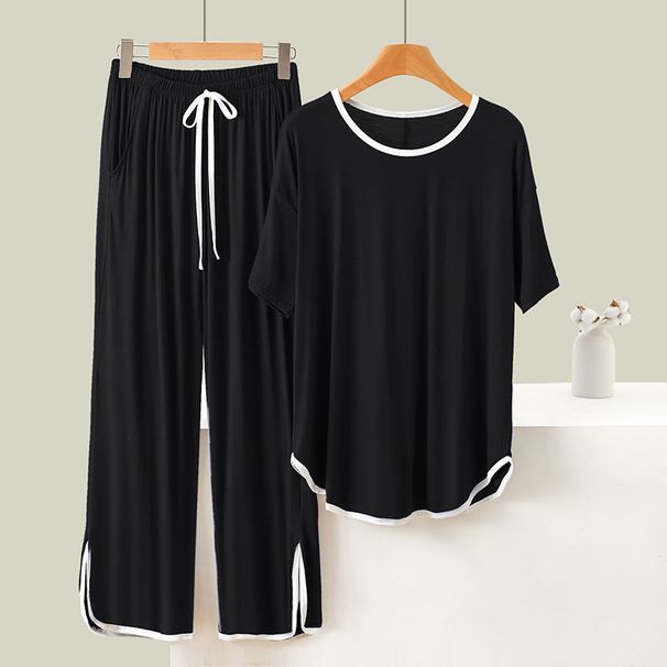 Women's Solid Color Pajamas Set Summer Thin Short Sleeve T-Shirt And Pants Sleepwear 2 Piece Set Casual Loose Soft Loungewear_ecoleips.com