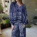 Women's Clothing V Neck Printed Long Sleeve Pocket Casual Suit Two Piece Set_ecoleips.com