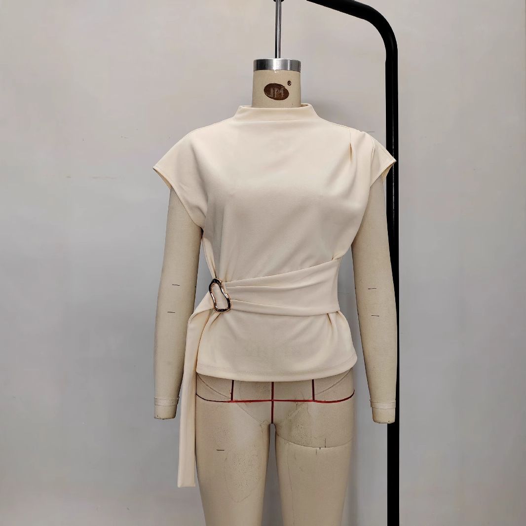 K Fashionable And Minimalist Half Height Collar Short Sleeved Off White Waist Style Paired With Button Up Women's Top_ecoleips.com