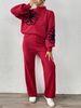 Elegant Women's Autumn Winter Outfit - Embroidered Ribbon Lantern Sleeve Sweater With Wide Leg Pants Set_ecoleips.com