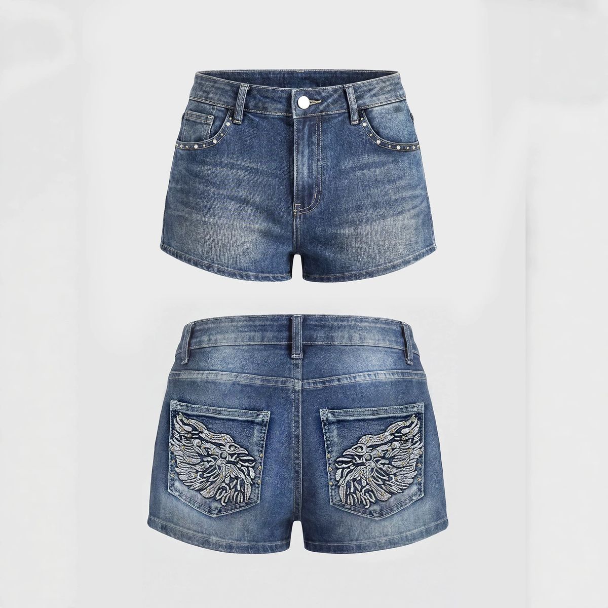 High Waisted Women's Denim Shorts European American Style Eagle Head Embroidery Rhinestone Detail Washed Hot Pants_ecoleips.com
