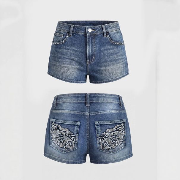 High Waisted Women's Denim Shorts European American Style Eagle Head Embroidery Rhinestone Detail Washed Hot Pants_ecoleips.com