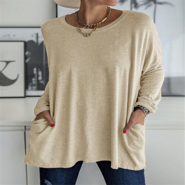 Women's Casual Long Sleeve T-Shirt Round Neck Pocket Detail Solid Color Spring/Summer New American Style_ecoleips.com