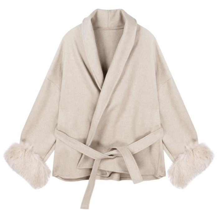 French-Inspired Belted Wool Coat With Faux Fur Cuffs – Elegant Trench Coat For Women (S-XXL, Grey/Beige)_ecoleips.com