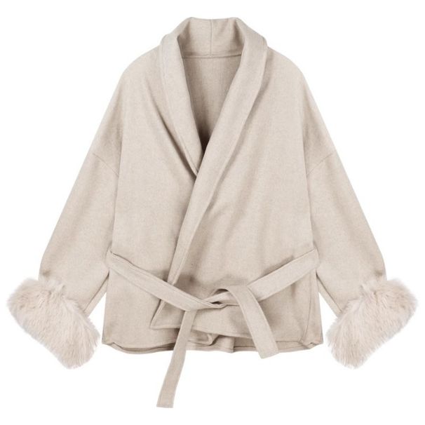 French-Inspired Belted Wool Coat With Faux Fur Cuffs – Elegant Trench Coat For Women (S-XXL, Grey/Beige)_ecoleips.com