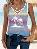 Boho Chic V-Neck Crisscross Strap Gradient Striped Beach Vest - Plus Size Women's Summer Printed Casual Top_ecoleips.com