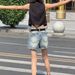 Summer New Style Women's Denim Shorts Retro Washed Ripped Frayed Hem mid Waist Loose Fit Wide Leg Non-Stretch Bottoms_ecoleips.com