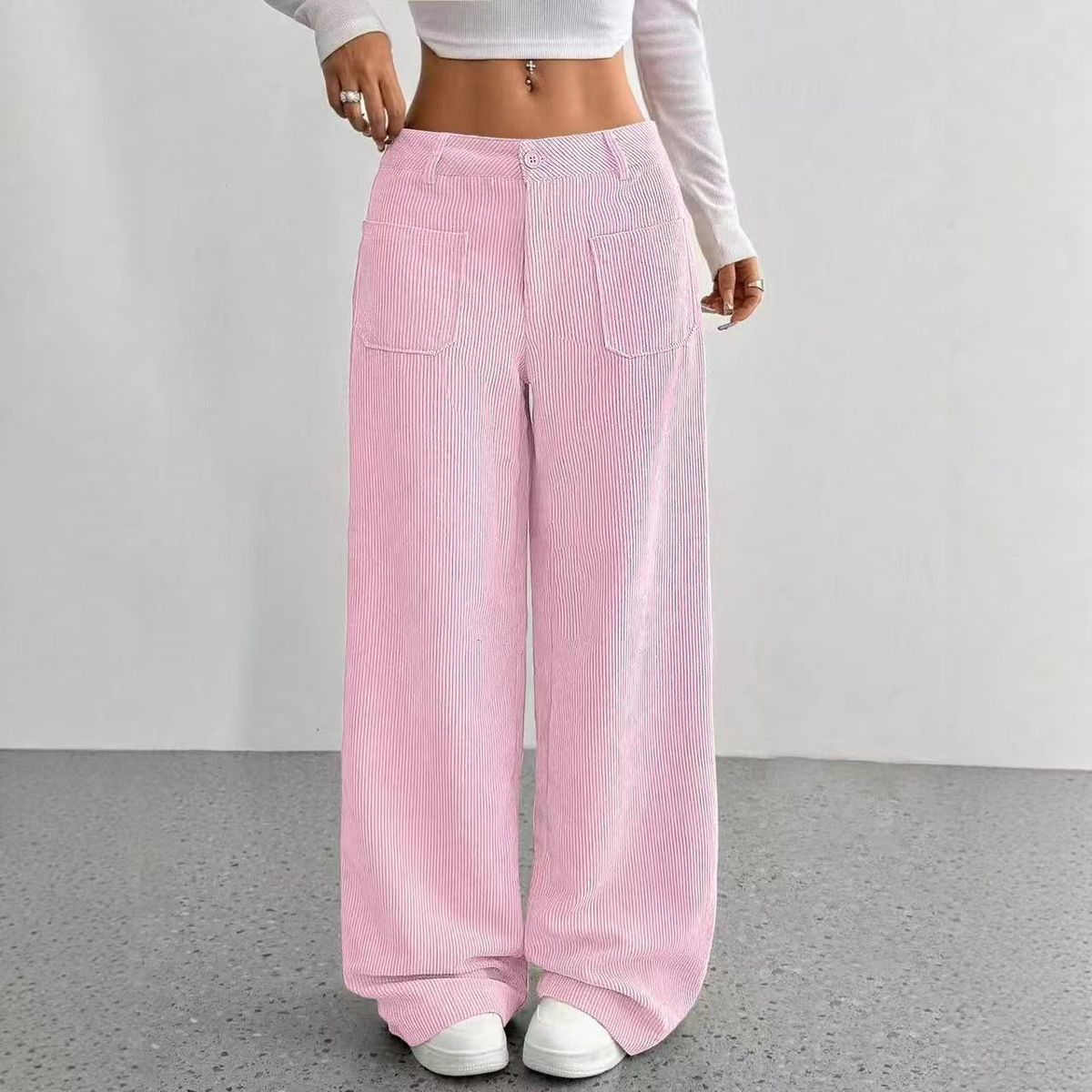 Corduroy High-Waisted Wide-Leg Pants For Women – Relaxed Fall/Winter Trousers With Front & Back Pockets (S-XXL)_ecoleips.com