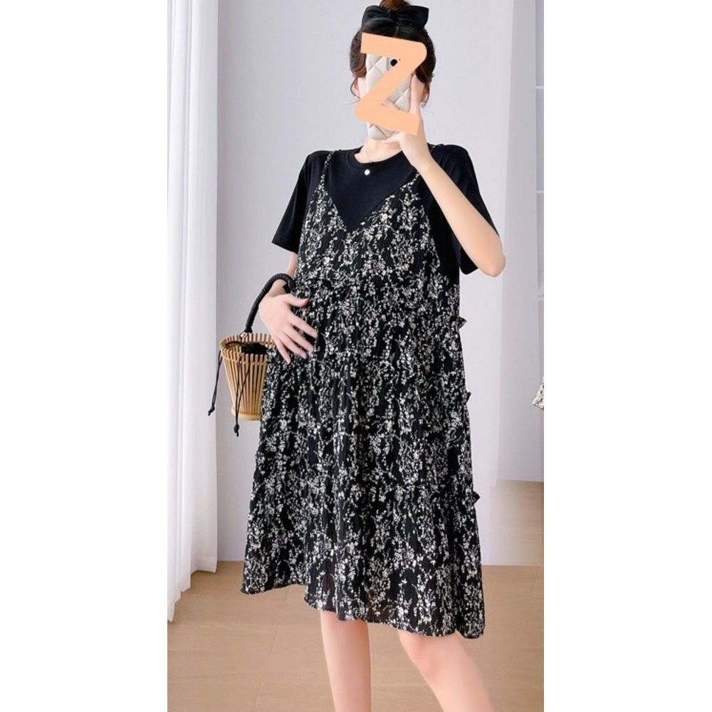 Summer Two-Piece Set Floral Loose Mid-Length Maternity Dress_ecoleips.com