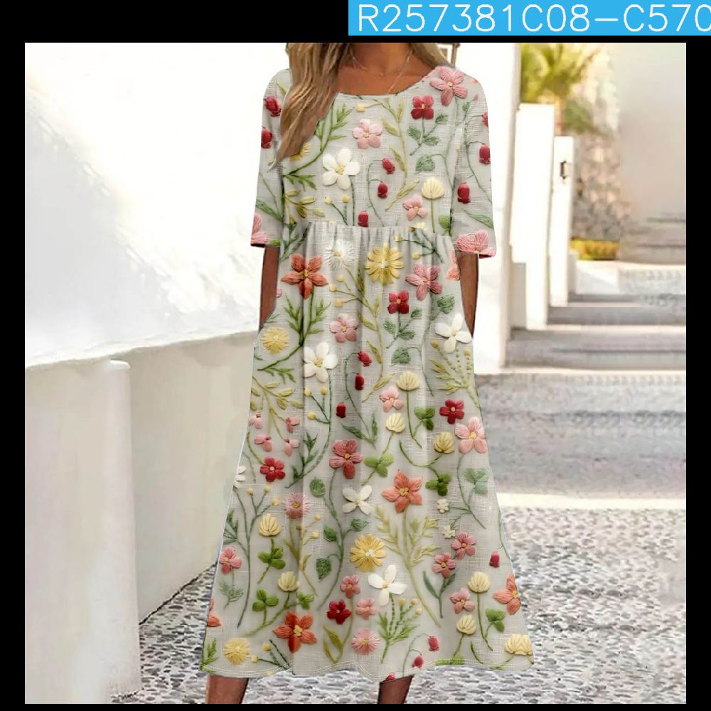 Women's Mid-Waist Summer Casual Round Neck Printed Flared Dress_ecoleips.com