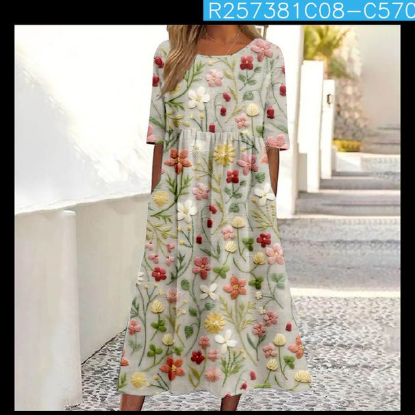 Women's Mid-Waist Summer Casual Round Neck Printed Flared Dress_ecoleips.com