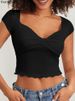 Fairyshely 2025 Summer Solid Short Sleeve T-shirt Sexy Women V Neck Bodycon Crop Top Lady Black Ruffle Club Party Short Tops_ecoleips.com