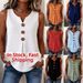Women's Casual Loose Top V Neck Front Button Sleeveless Vest Pleated Hem American Style New_ecoleips.com