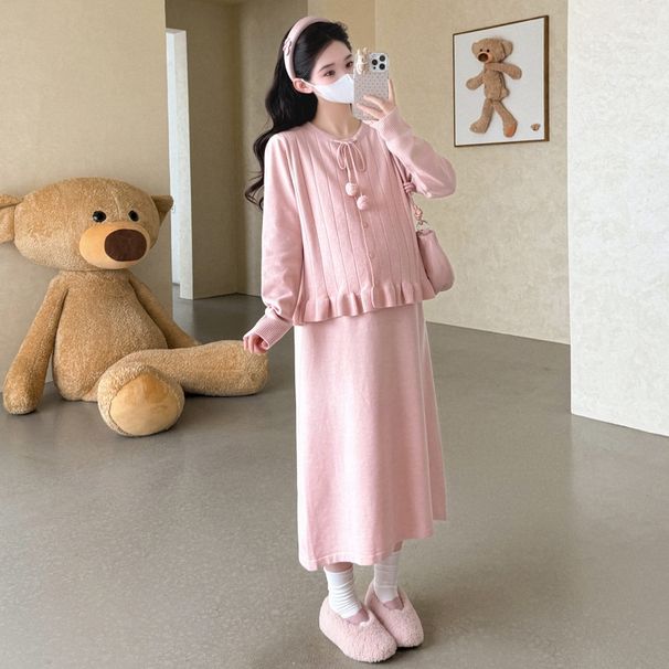 Autumn New Fashion Maternity Dress With Ruffled Hem And Pom-Pom Tie 2-Piece Set_ecoleips.com