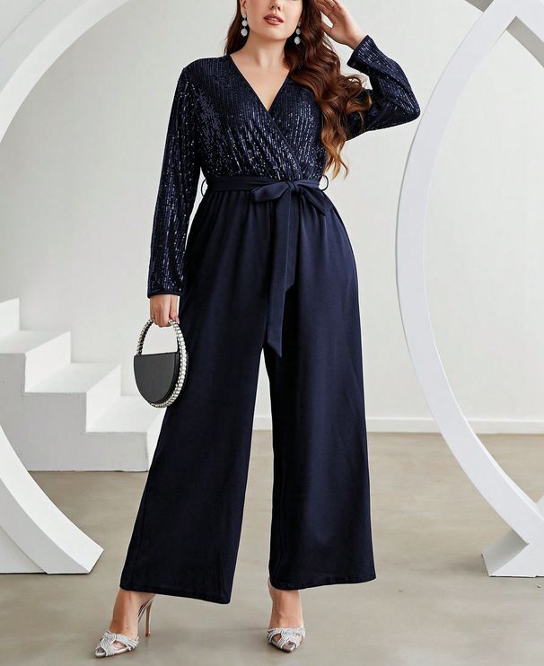 Plus Size Women's Jumpsuit – Sexy V-Neck Tie-Waist Glitter Wide Leg Palazzo Pants, High Waist Loungewear For Work & Party (0XL-4XL, Navy Blue)_ecoleips.com