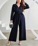 Plus Size Women's Jumpsuit – Sexy V-Neck Tie-Waist Glitter Wide Leg Palazzo Pants, High Waist Loungewear For Work & Party (0XL-4XL, Navy Blue)_ecoleips.com