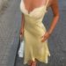 Summer Sweet Style Women's Slim Fit Dress Cream Yellow Lace Trim Elegant And Flattering Satin Texture_ecoleips.com