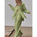 Women's Clothing long sleeved temperament commuter skin color linen solid color slit long shirt and wide leg pants set_ecoleips.com