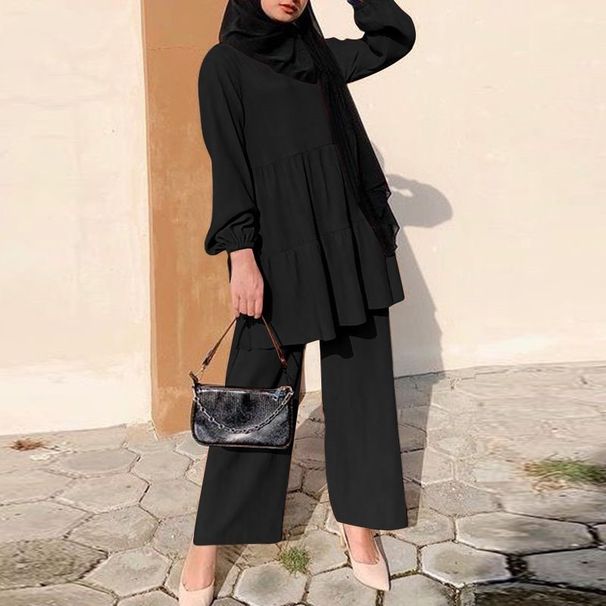 Women Fashion Muslim Hijab Sets Wide Leg Blouse And Pants Set Elegant Solid Color Outfits Spring Autumn_ecoleips.com