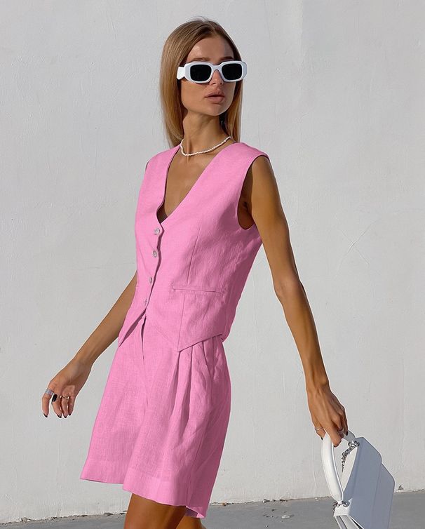 Women's Linen Vest & Shorts Set – Elegant Sleeveless Two-Piece Outfit For Summer, Breathable Cotton Linen Blend, Casual Office Wear_ecoleips.com