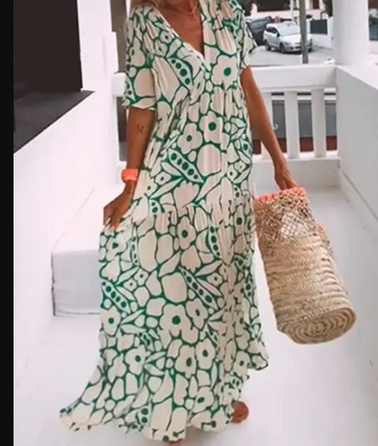 Women's Summer V Neck Long Dress Printed Short Sleeve Versatile Beach Style Bohemian Casual Cotton Blend Dress for Ages 16-45_ecoleips.com