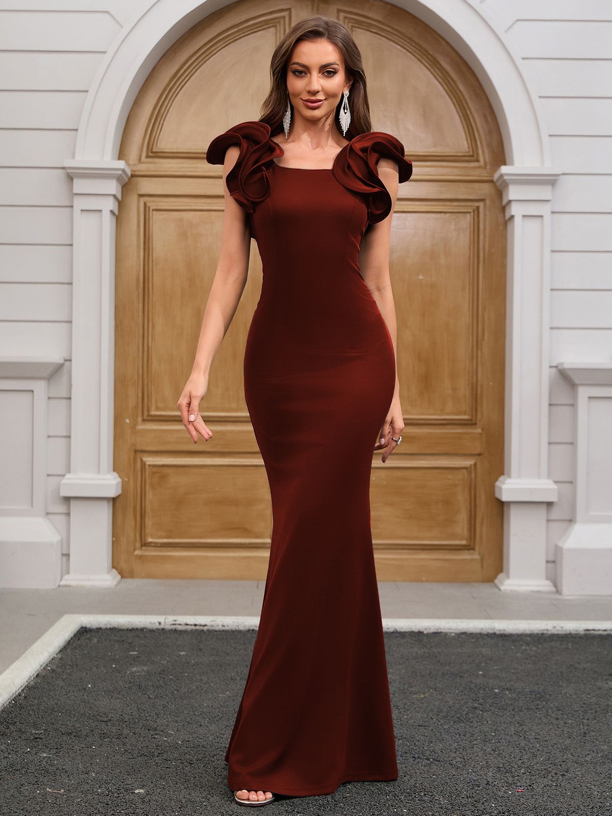 Elegant Satin Evening Gown With Flutter Sleeves Stunning Emerald Green & Wine Red Formal Dress For Galas & Parties ( Slim Fit With Waist Draping)_ecoleips.com