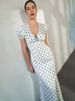 JULISSA MO Sexy V-neck Print Polka Dot Women Maxi Dress White Short Sleeve Lace Up Dress Summer Slim Elegant Party Evening Dress_ecoleips.com