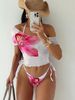 Women's Clothing Floral Print Three Piece Bikini Set Short Sleeved Outer Cover Tie Up Swimsuit_ecoleips.com
