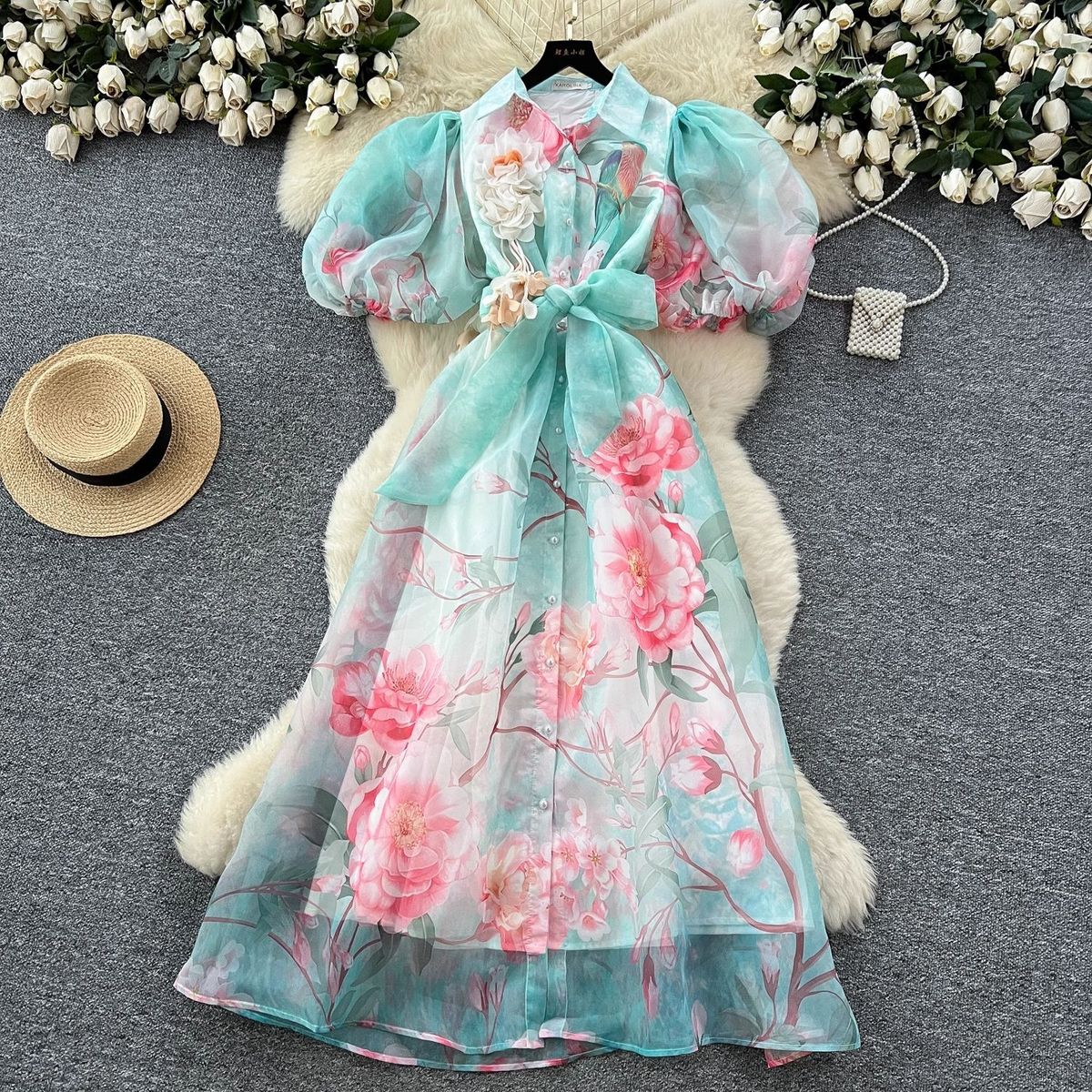 French-Inspired Floral Print Dress – Tiered Tulle Skirt With Corset Lacing & Lantern Sleeves (S-XXL)_ecoleips.com