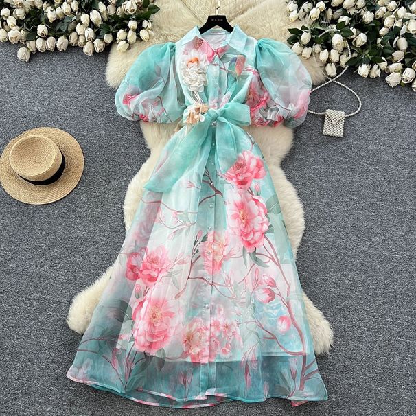 French-Inspired Floral Print Dress – Tiered Tulle Skirt With Corset Lacing & Lantern Sleeves (S-XXL)_ecoleips.com