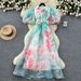 French-Inspired Floral Print Dress – Tiered Tulle Skirt With Corset Lacing & Lantern Sleeves (S-XXL)_ecoleips.com