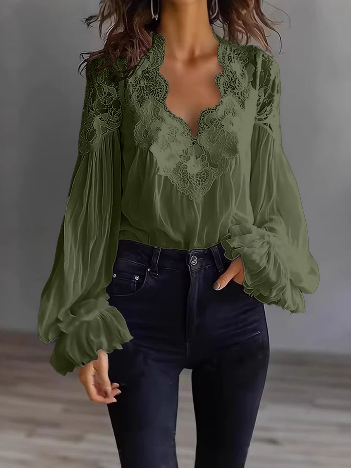 Women's Lace Patchwork Puff Sleeve Pleated Shirt American Style Clothing Top_ecoleips.com