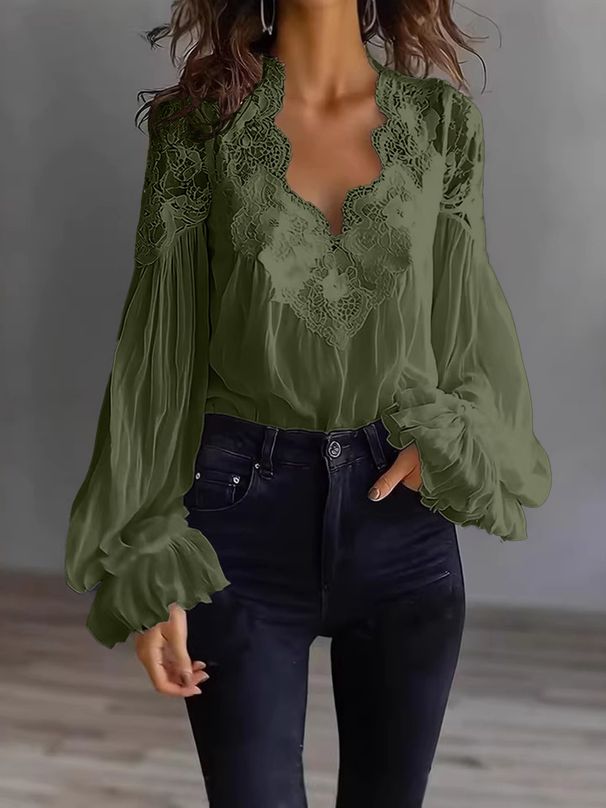 Women's Lace Patchwork Puff Sleeve Pleated Shirt American Style Clothing Top_ecoleips.com