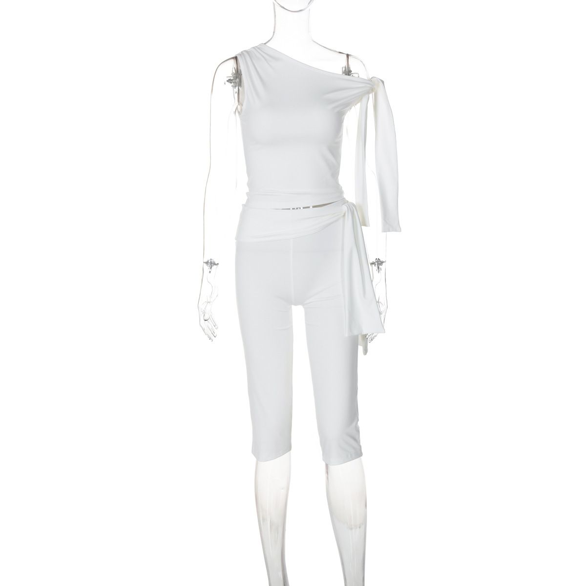 2025 Summer New Fashion Street Style Asymmetrical Neck Sleeveless Top Slim Fit Tie Shorts Set Wholesale_ecoleips.com