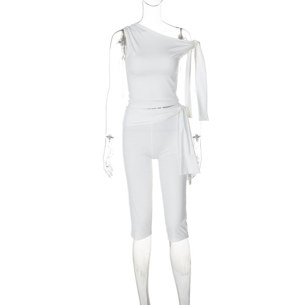 2025 Summer New Fashion Street Style Asymmetrical Neck Sleeveless Top Slim Fit Tie Shorts Set Wholesale_ecoleips.com