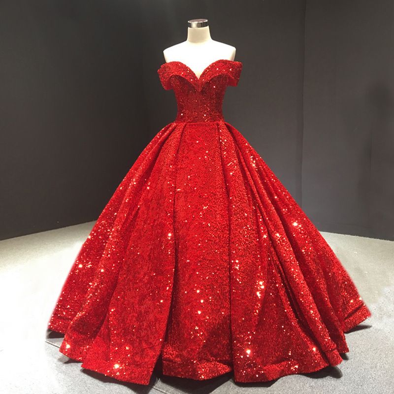 One Shoulder Toast Dress Tutu Skirt Red Dreamy Trailing Wedding Dress Female_ecoleips.com