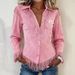 Voya Women's Western Denim Style Suede Fringe Slim Fit Temperament Fashionable Long Sleeved Shirt Top_ecoleips.com