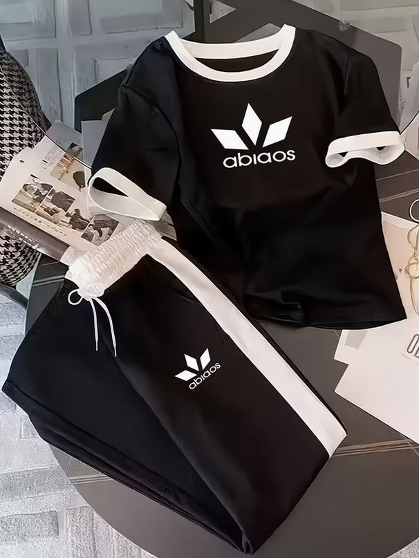 Women's Summer Fashion Color Block Crew Neck Top And Wide Leg Pants Set Loose Fit Casual Outfit Short Sleeve Print Design_ecoleips.com