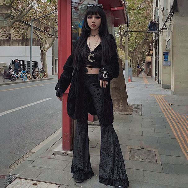 Subculture Women's Dark Style Lace Trimmed Slim Fit Flared Pants 22530A Hip Hop Dance Trousers for Ladies_ecoleips.com