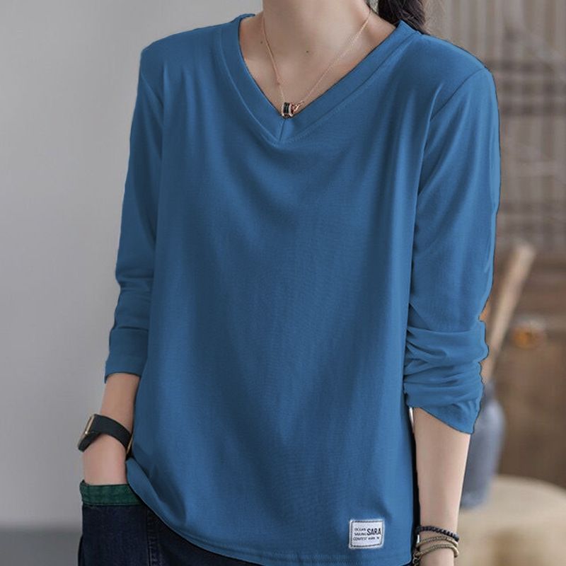 Women's V-Neck T-Shirt With Long Sleeves And A Loose Fit Designed In The Korean Style For Spring 2026; Slimming Effect_ecoleips.com