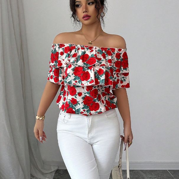 Aria Basics Aria Basics Cross-border Foreign Trade 2025 Summer European And American Vacation Style Off-Shoulder Short-Sleeve Shirt With_ecoleips.com