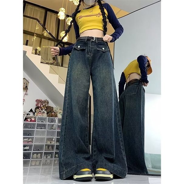 Plus-size American Retro Jeans Women, Autumn High-waisted Straight Pear-shaped Body, Slimming Wide-leg Long Pants For_ecoleips.com