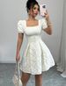 Women's Clothing Summer Elegant Jacquard Dress Slim Fit Square Neck Puff Sleeve A-Line American Style Solid Color_ecoleips.com