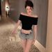 Off-shoulder T-shirt, Slim-fit Slimming, Tight-fitting, Waist-cinching, Short Top, Sexy Hot Girl Base Shirt, Foreign_ecoleips.com